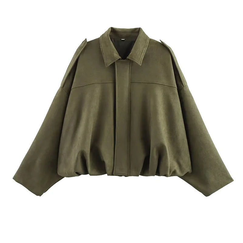 Rafznb jaquetas bomber femininas casacos moda gola virada para baixo manga longa casacos soltos vintage feminino outerwear chiques topos