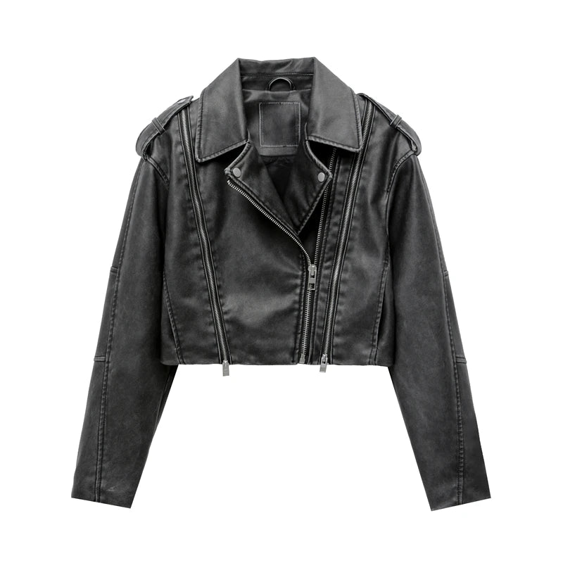 RARF 2024 feminino novo curto fazer efeito antigo imitação de couro jaqueta de motocicleta casaco de couro cinza lavado feminino
