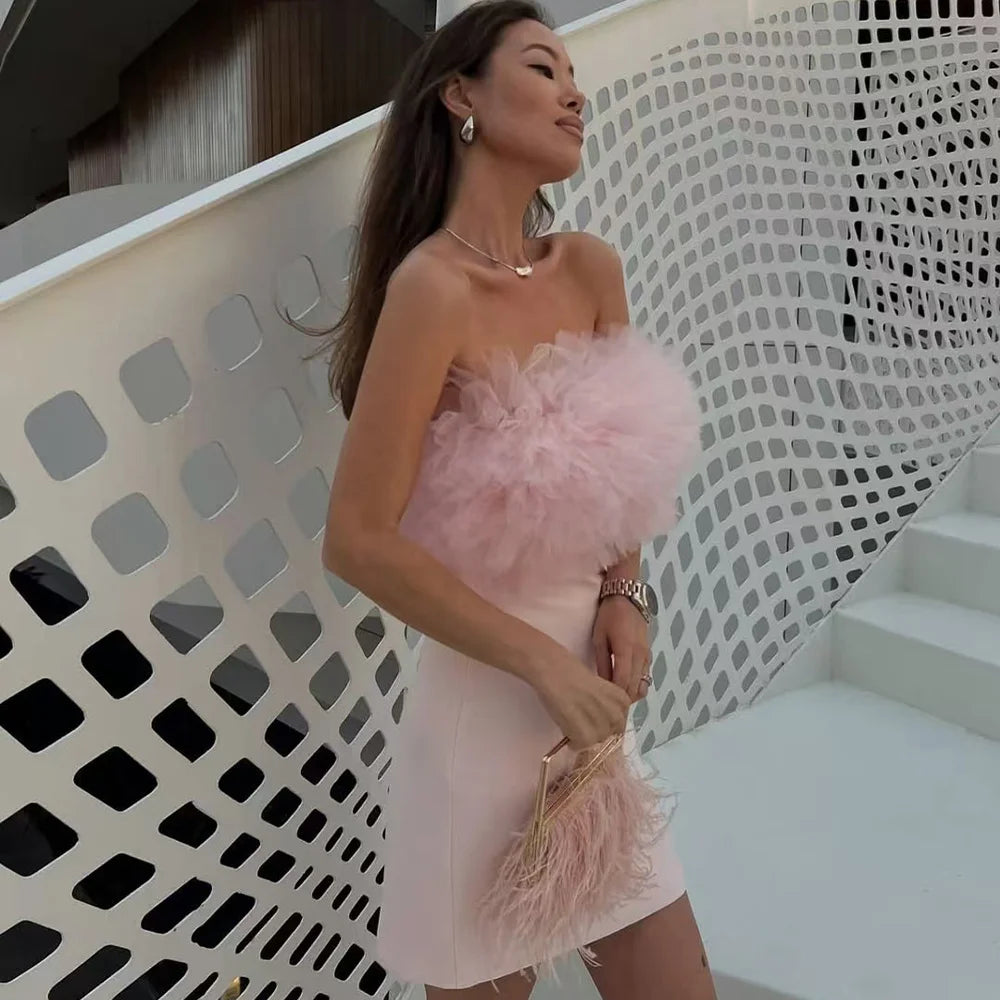 UNIZERA vestido feminino fofo de malha de seda sem alças com mini vestido decoração para primavera e verão novas roupas femininas
