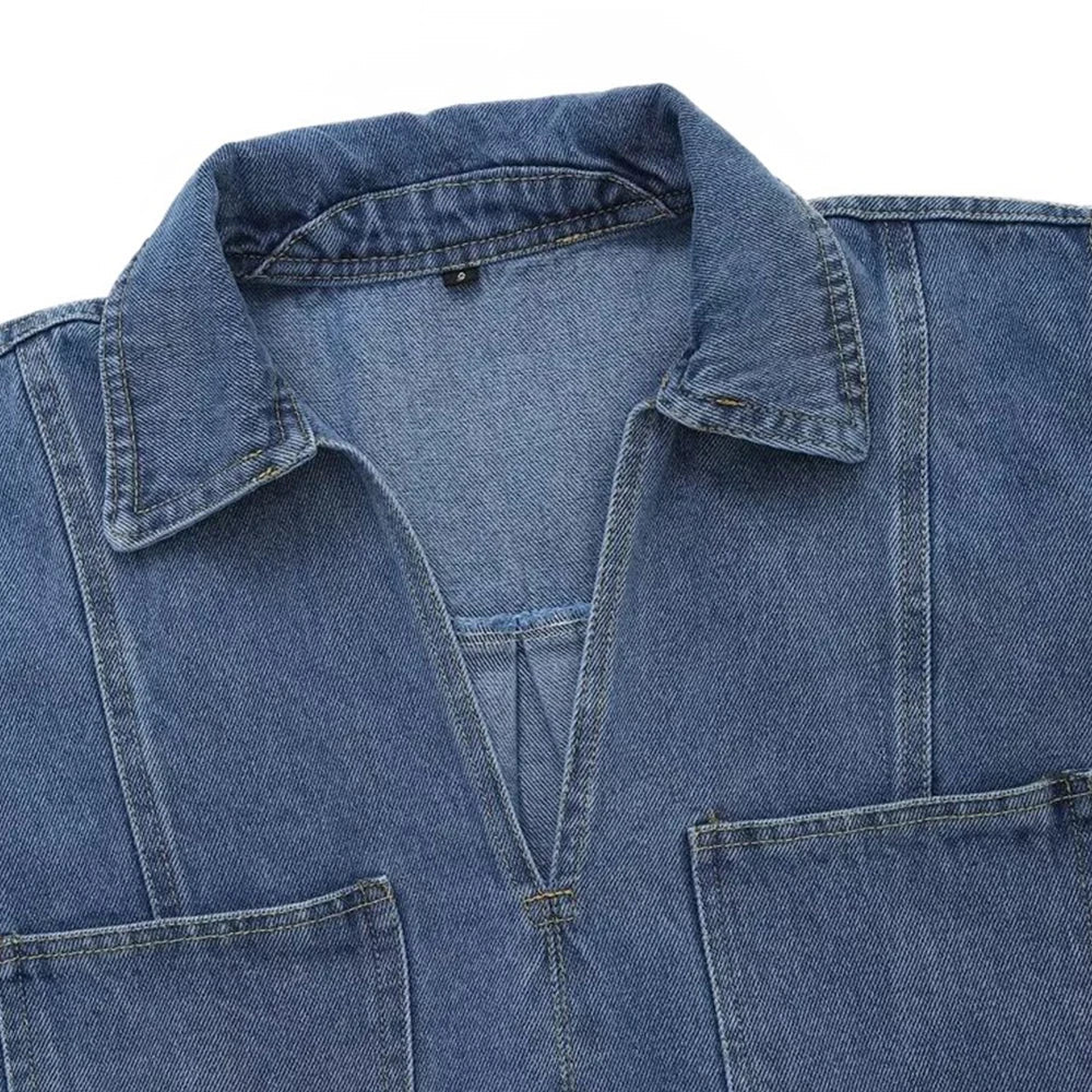 TRAF Fato de ganga solto com decoração de bolsos para mulher Camisa curta com lapela Casual Saia curta assimétrica Trabalho temporário Conjunto versátil de duas peças Street Casual Fashion Fato de senhora