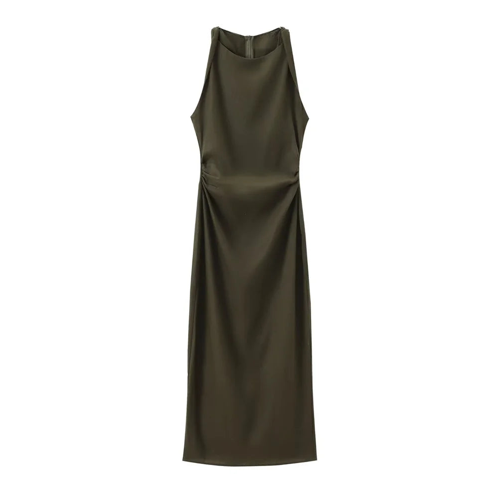 2024 ZAR4 verão novo estilo feminino versátil fino ajuste linho misturado mangas torcidas vestido midi