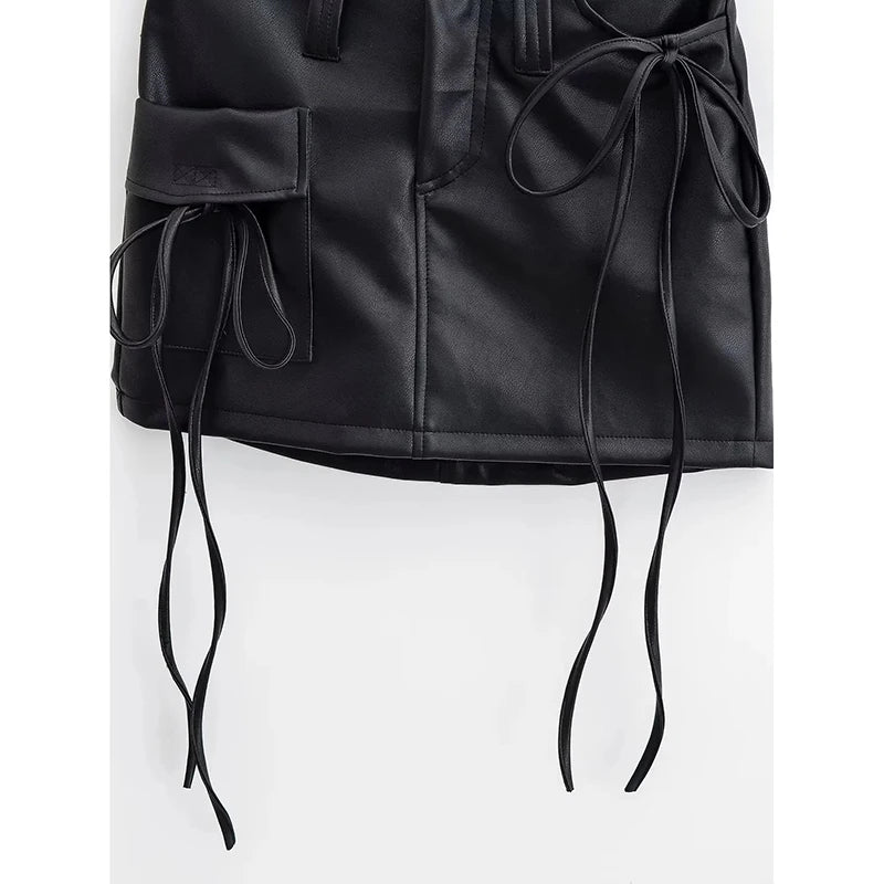 Qnqo saias para mulheres y2k moda rendas até couro do plutônio saia preta 2025 novo estilo coreano fino bolso hip envoltório mini saia feminina