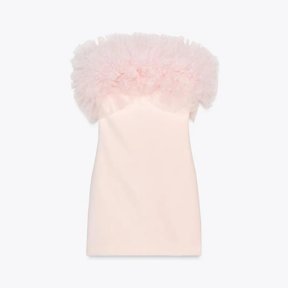 UNIZERA vestido feminino fofo de malha de seda sem alças com mini vestido decoração para primavera e verão novas roupas femininas