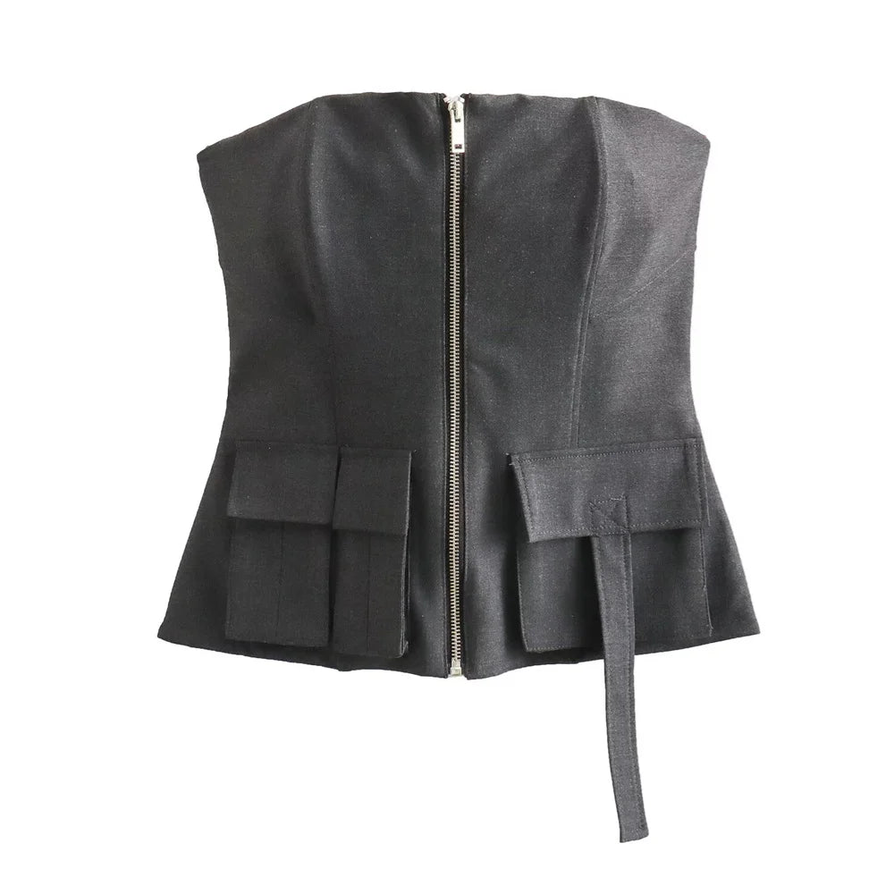 Taop & za 2024 primavera novo produto moda feminina e casual versátil fino ajuste bolso com zíper decoração com sutiã e alça superior