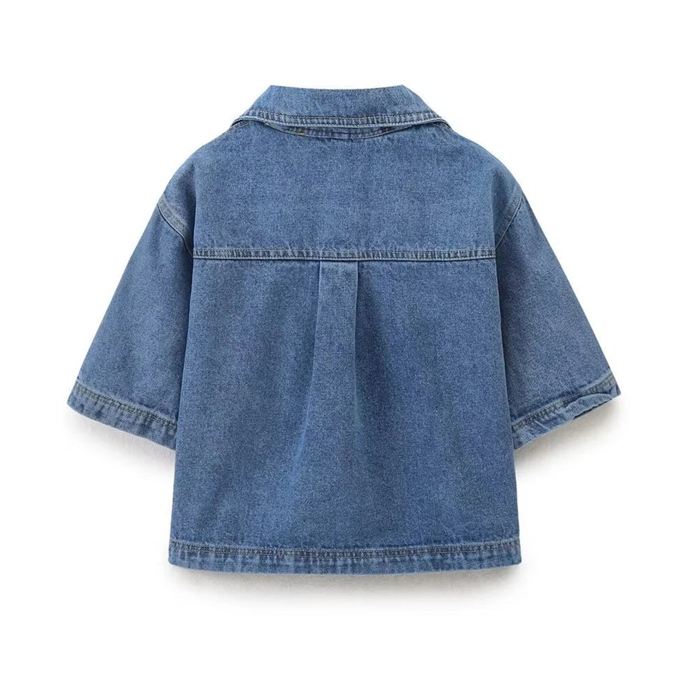 TRAF Fato de ganga solto com decoração de bolsos para mulher Camisa curta com lapela Casual Saia curta assimétrica Trabalho temporário Conjunto versátil de duas peças Street Casual Fashion Fato de senhora
