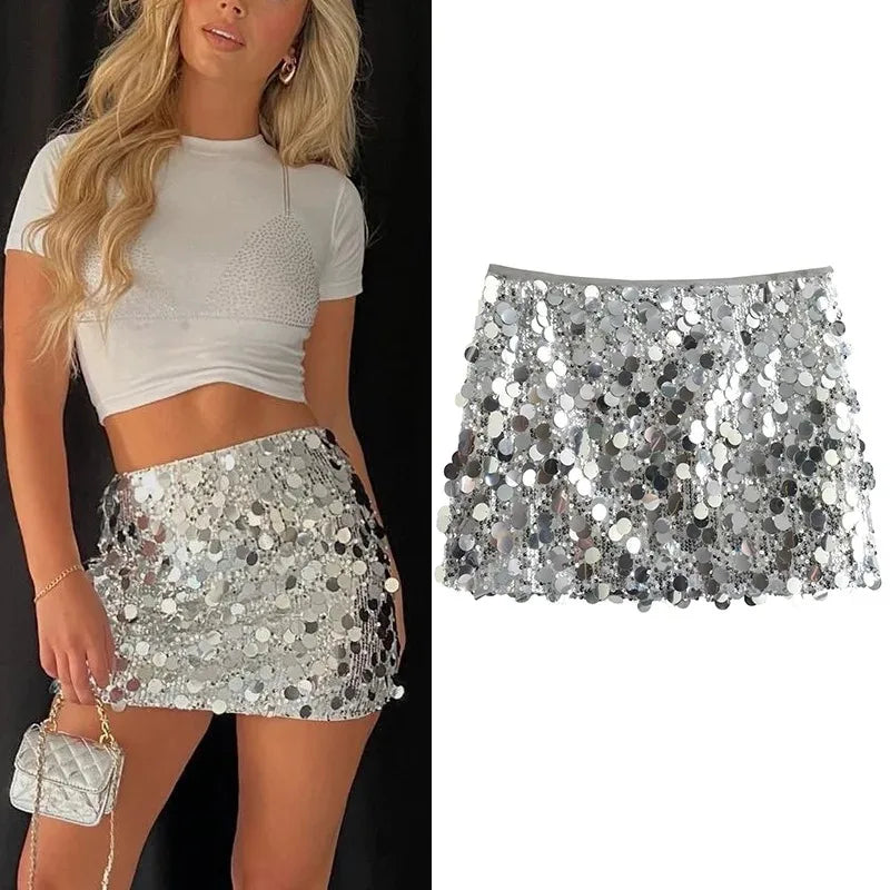 Saia de lantejoulas prata mulher cintura alta mini saia mulher moda brilhante glitter elegante saias curtas para mulheres saias y2k
