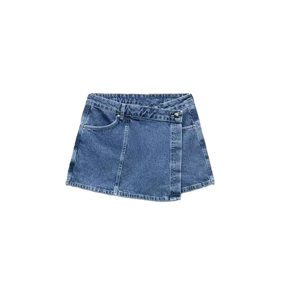 TRAF Fato de ganga solto com decoração de bolsos para mulher Camisa curta com lapela Casual Saia curta assimétrica Trabalho temporário Conjunto versátil de duas peças Street Casual Fashion Fato de senhora