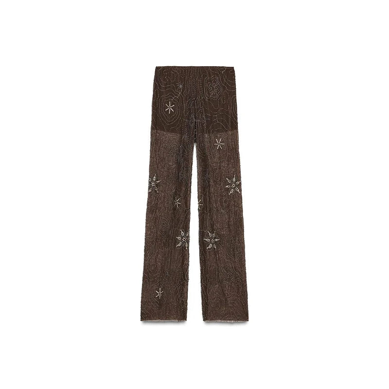 Ver através de frisado bordado calças femininas baggy sexy floco de neve lantejoulas perna larga 2025 primavera verão senhora y2k streetwear