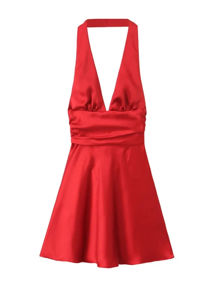 Traf robe y2k cetim fino extremo curto vestido de festa feminino 2025 primavera arco amarrado sem mangas sem costas magro uma linha mini vestido vermelho