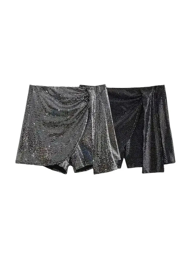 TRZA – Saias femininas com lantejoulas e nó, cintura alta, zíper lateral, saia curta feminina, moda