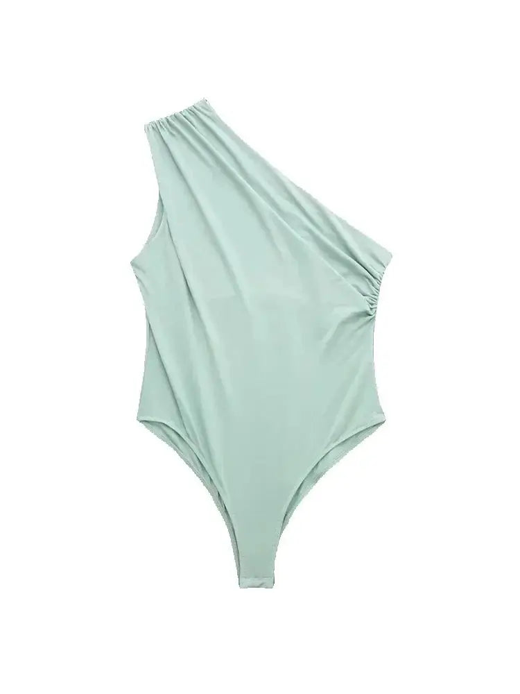 TRZA – Body assimétrico franzido feminino, um ombro, alças largas, botão de pressão, playsuits femininos, moda sexy