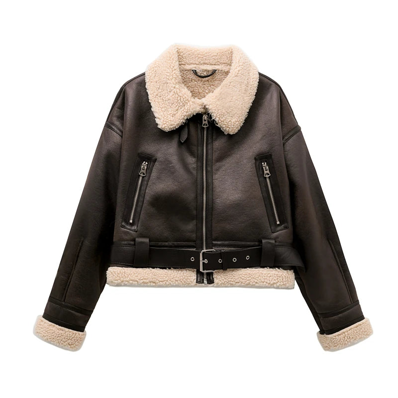 RARF-Jaqueta grossa quente do falso shearling feminino, casaco vintage de manga longa, outerwear feminino, bainha do cinto, nova moda, 2024