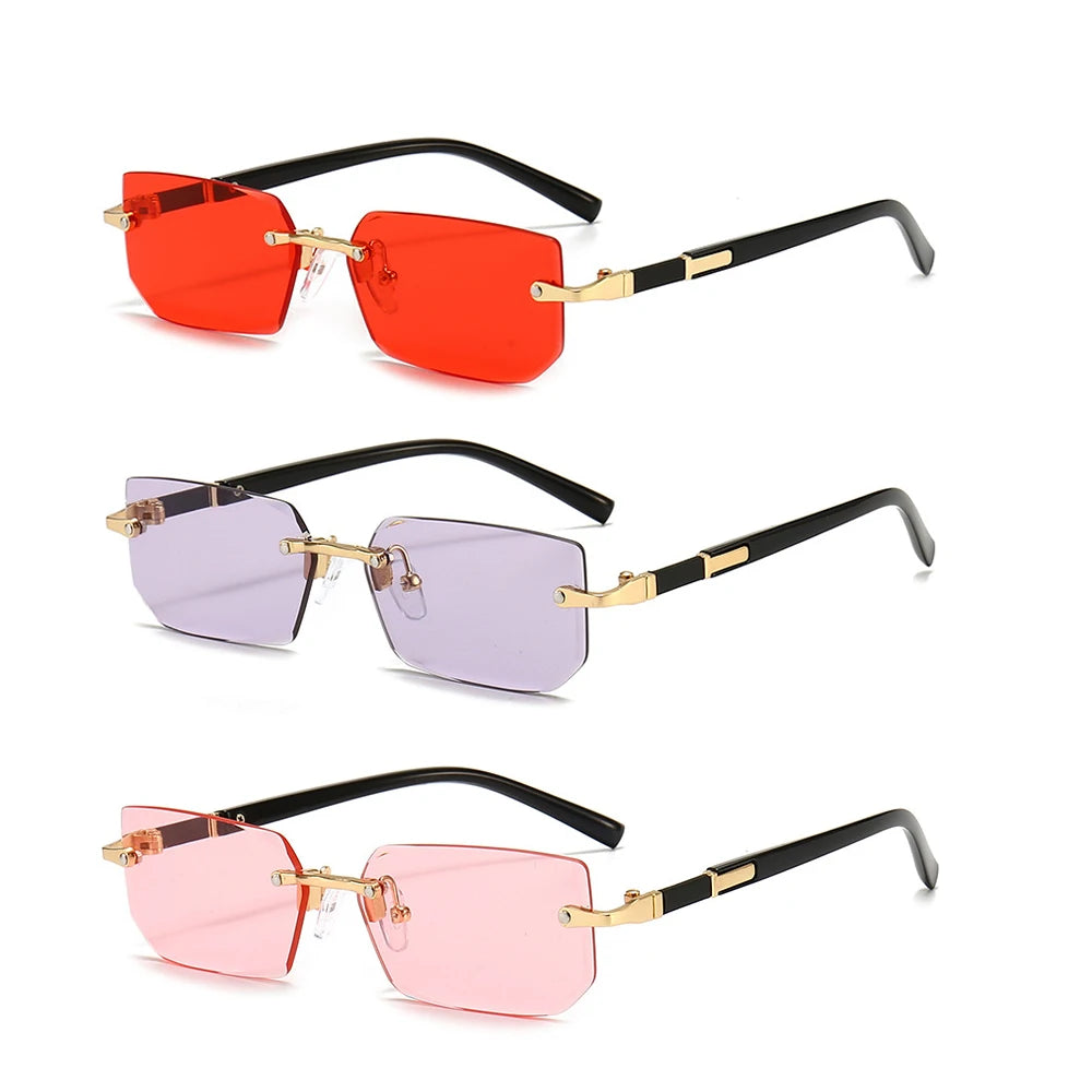 Óculos de sol sem aro para homens e mulheres, tons pequenos, óculos quadrados, viagem de verão, moda popular, feminino, masculino
