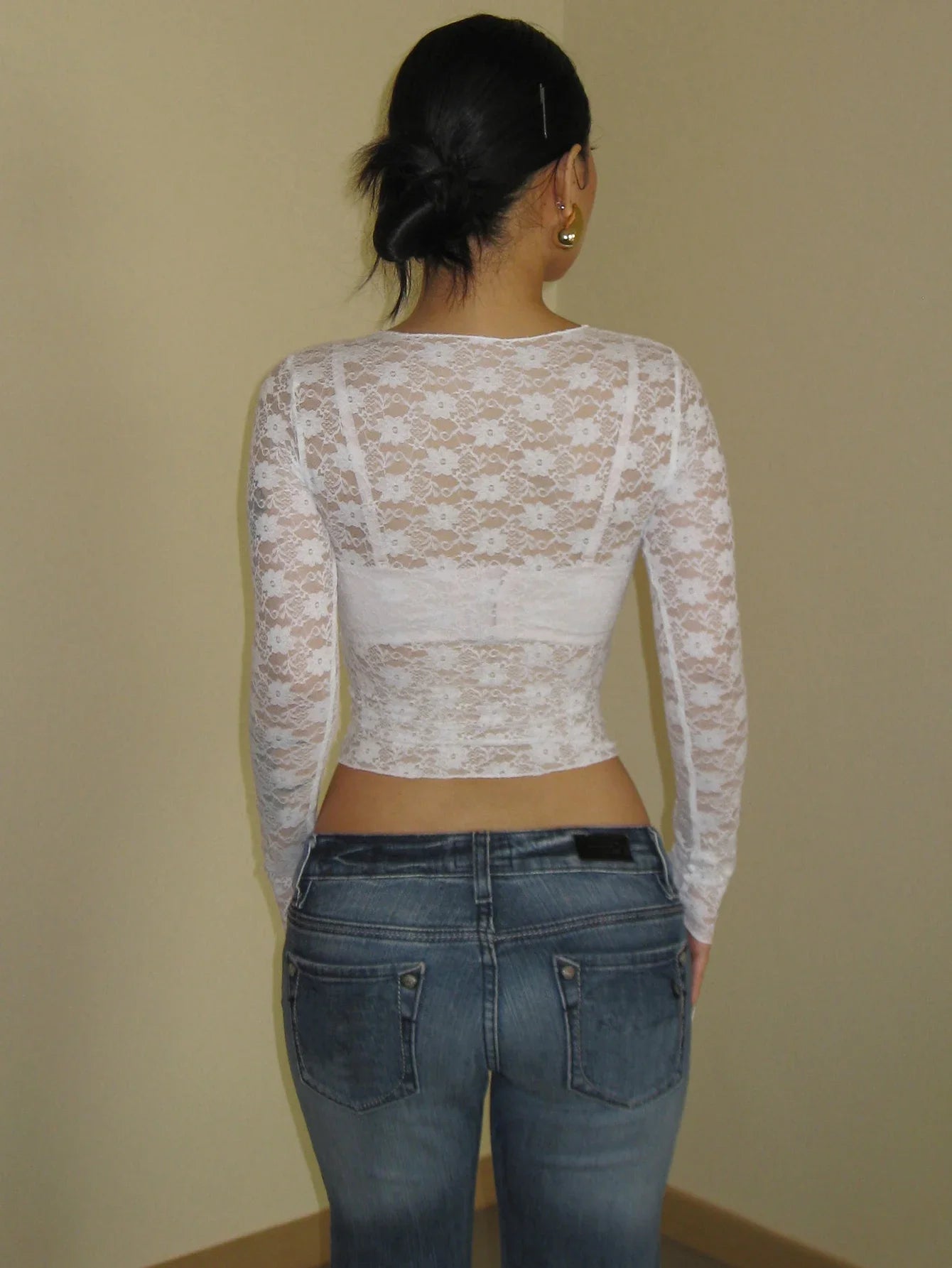 Mooyufon manga comprida transparente renda colheita top sólido sexy bodycon camiseta para mulheres festa clube outono inverno roupas