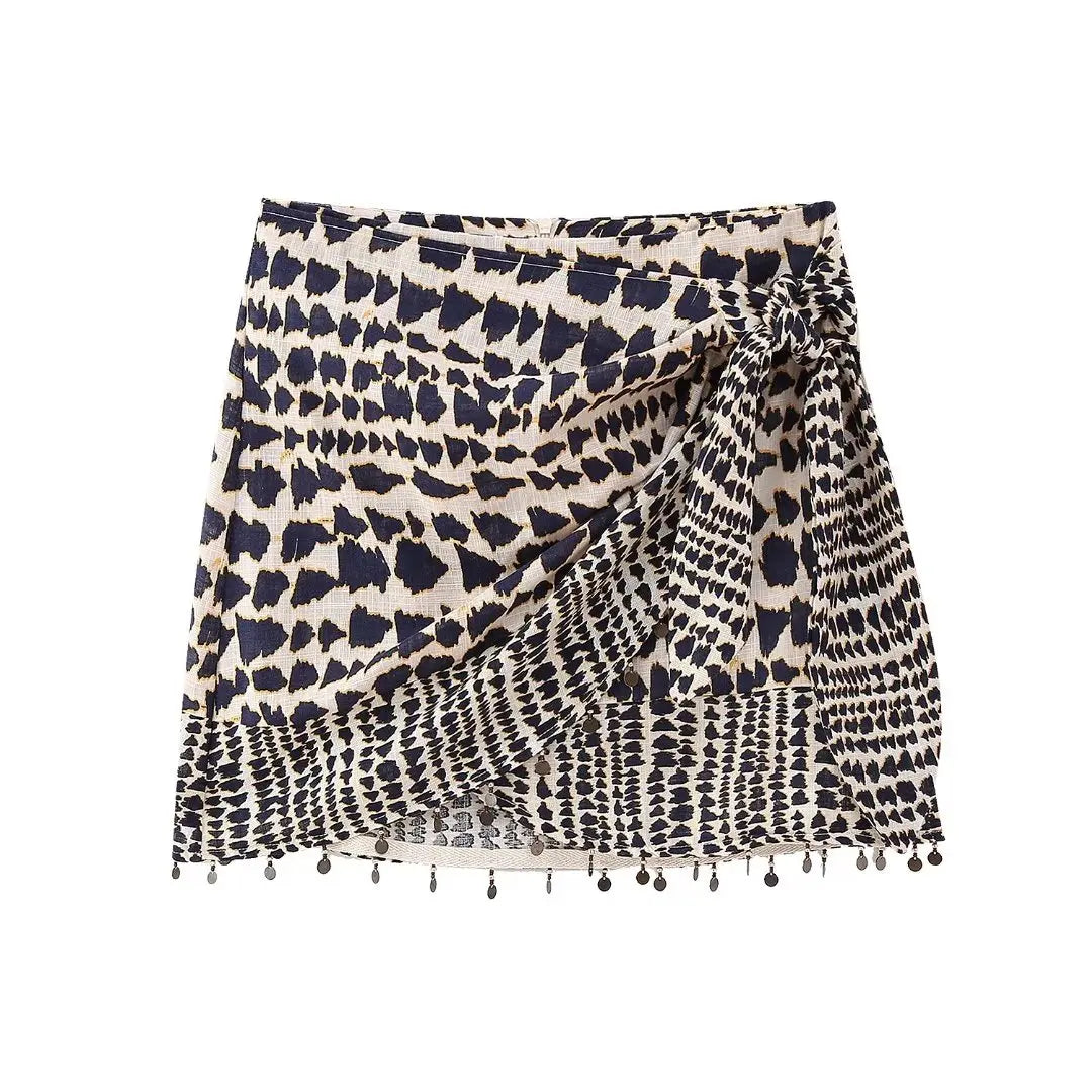 Impressão geométrica vintage feminina atada mini saia de sarong, saia de zíper casual feminina, miolização borla, QUN4078
