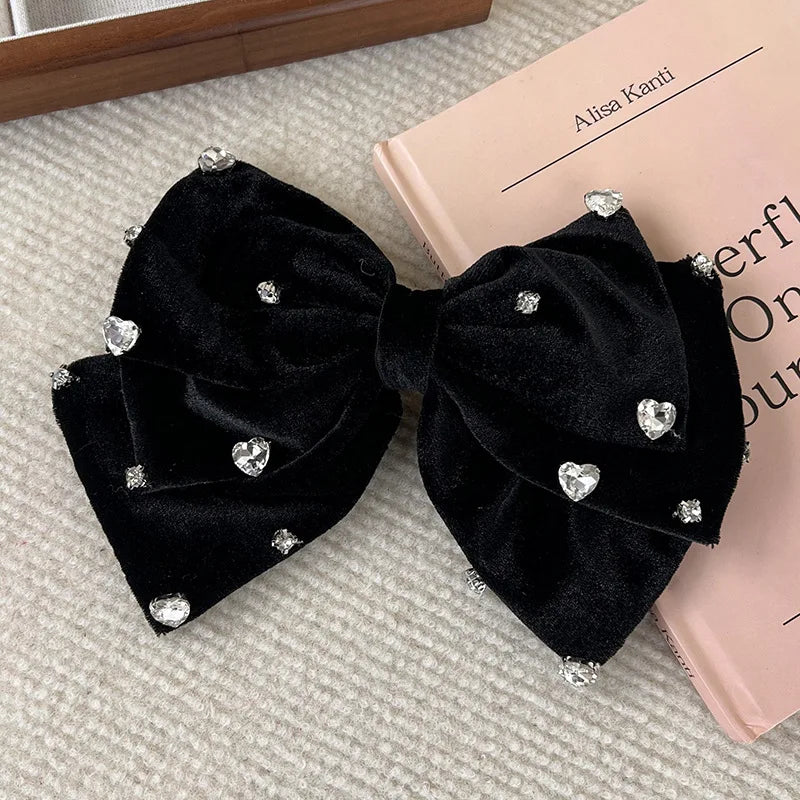 Luxo arco amor strass grampos de cabelo moda veludo preto grandes grampos de cabelo para mulheres meninas doce temperamento presilhas cocar