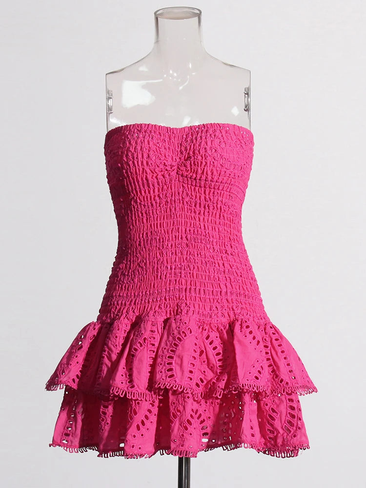 Twotwinstyle retalhos dobras vestidos casuais para mulheres sem alças sem mangas cintura alta oco para fora elegante vestido de emagrecimento feminino