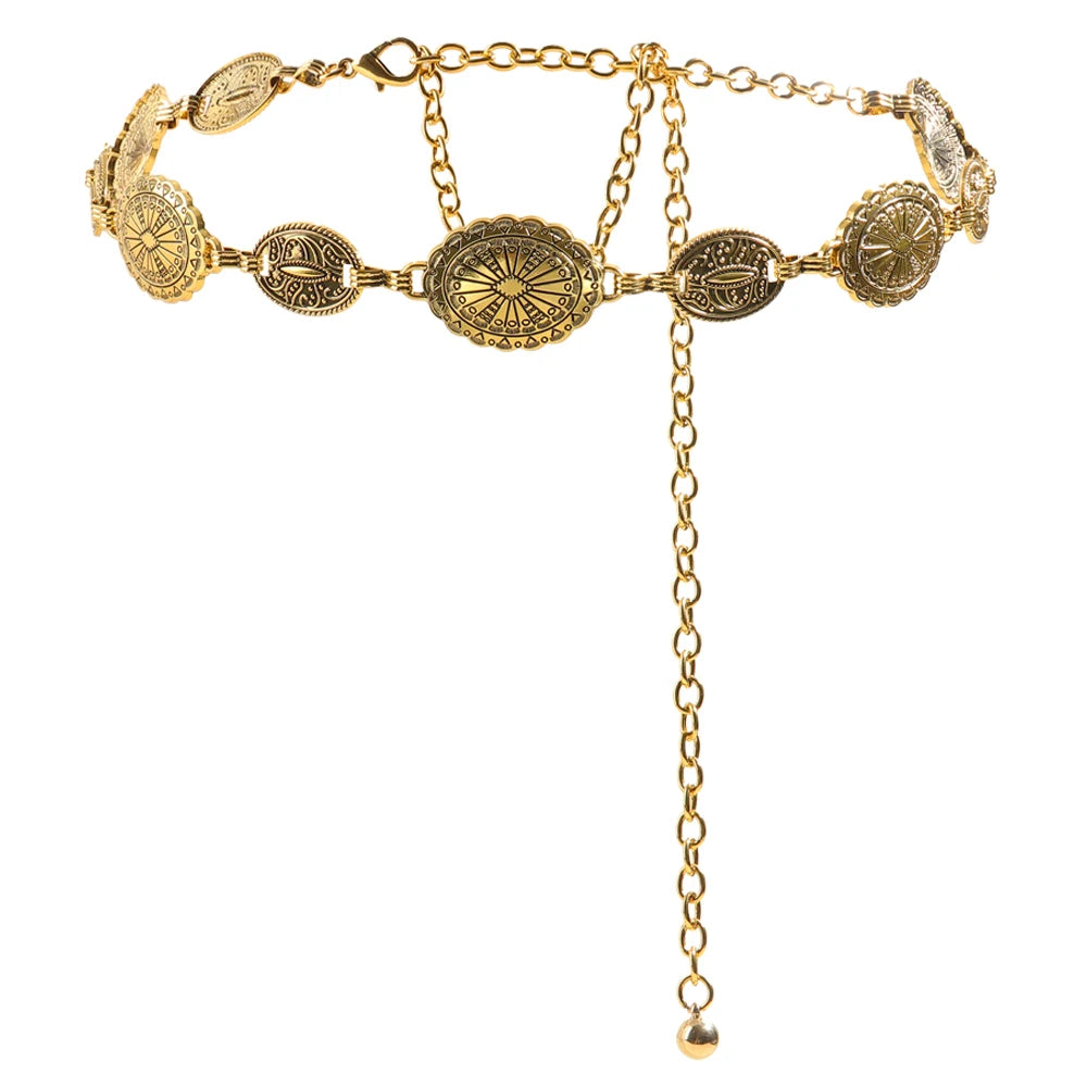Acessórios de corrente de cintura de metal feminino estilo retrô círculo decorativo esculpido cinto de corrente acessórios de estilo alto