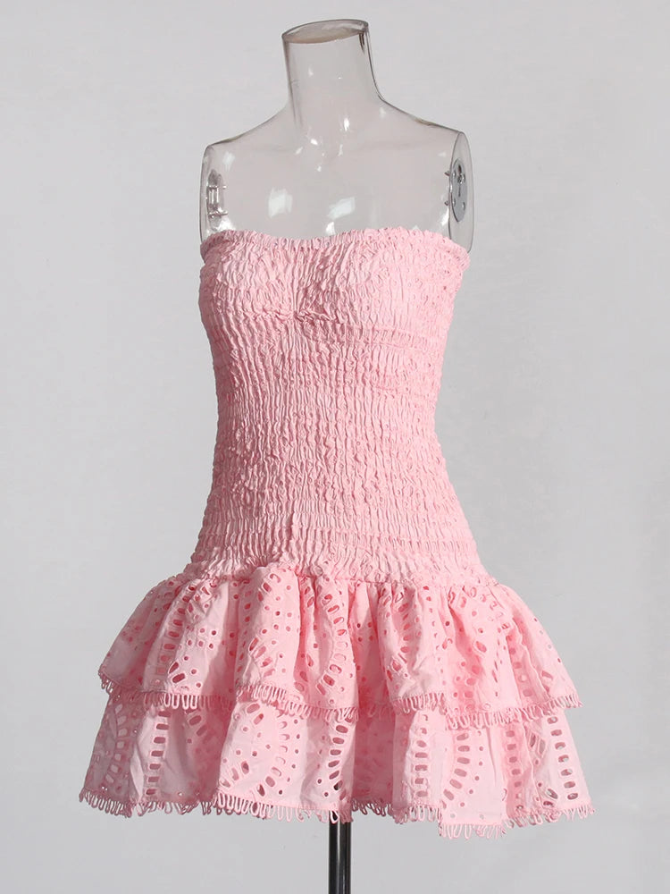 Twotwinstyle retalhos dobras vestidos casuais para mulheres sem alças sem mangas cintura alta oco para fora elegante vestido de emagrecimento feminino