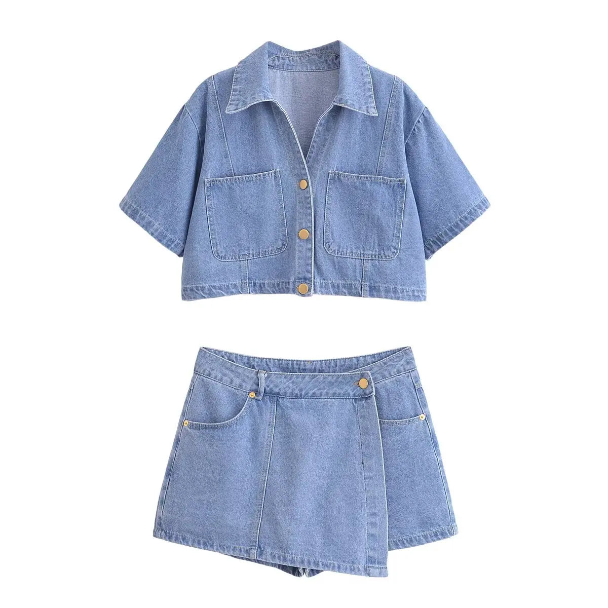 Traf 2025 conjuntos casuais femininos de verão moda mini saias shorts conjuntos denim camisa curta conjuntos superiores para mulheres rua roupa feminina