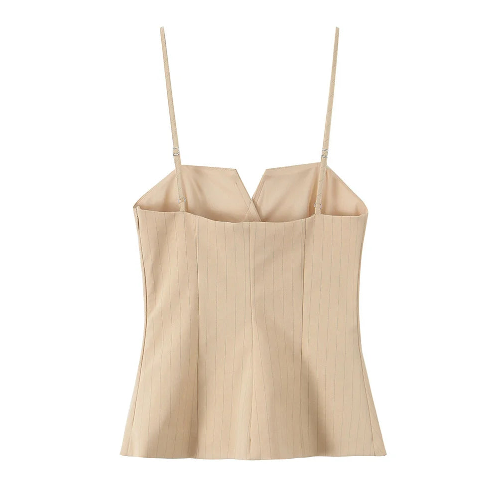 UNIZERA Conjunto feminino listrado de alça fina e calças com decoração de babados primavera novo produto casual feminino