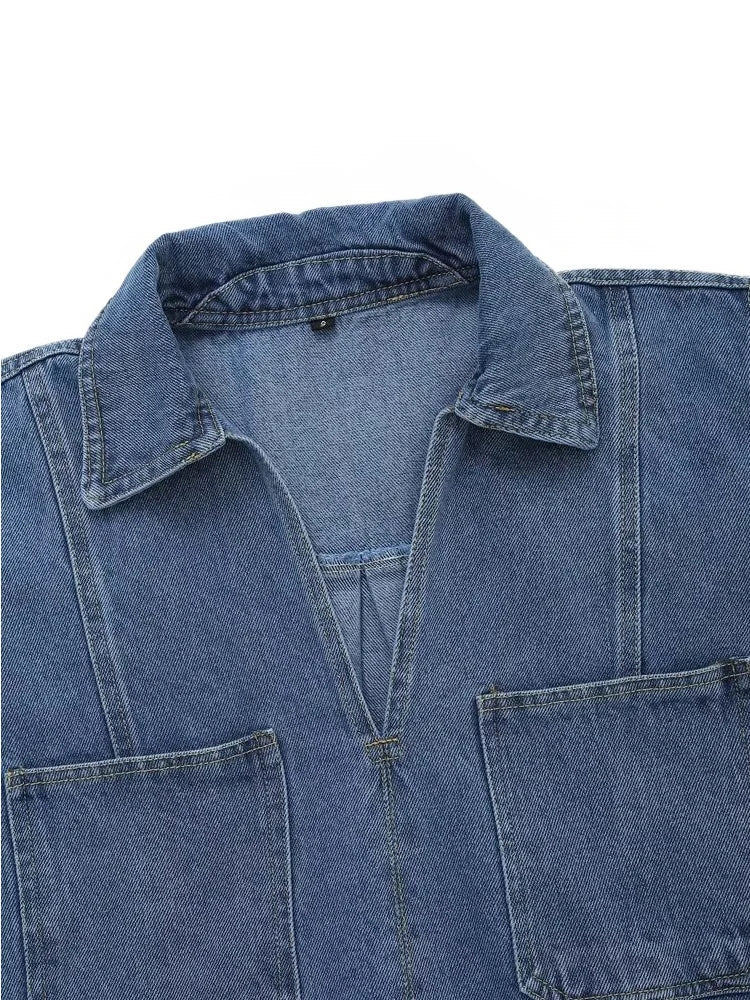 TRAF Fato de ganga solto com decoração de bolsos para mulher Camisa curta com lapela Casual Saia curta assimétrica Trabalho temporário Conjunto versátil de duas peças Street Casual Fashion Fato de senhora