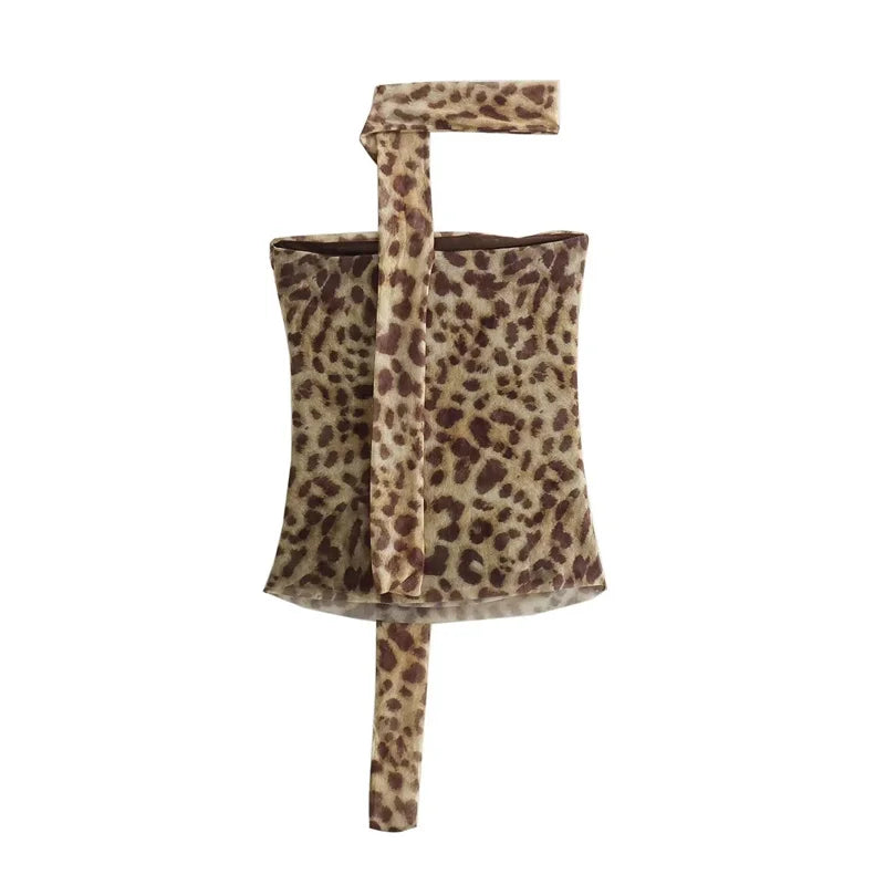 Muyer 2025 tule colheita topo feminino leopardo impressão ruched tubo topos para mulher sexy sem costas halter topo feminino fora do ombro verão topo