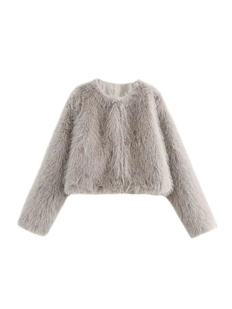 TRZA – Jaqueta feminina grossa e quente de pele sintética, gola redonda, manga comprida, agasalhos femininos, tops chiques, moda