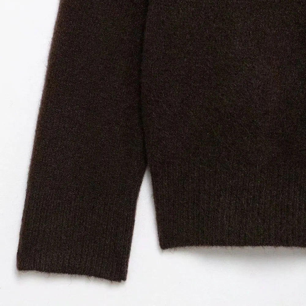 TRZA Suéter feminino de malha com ombros de fora, gola reta, manga comprida, pulôver fashion, apliques, tops chiques