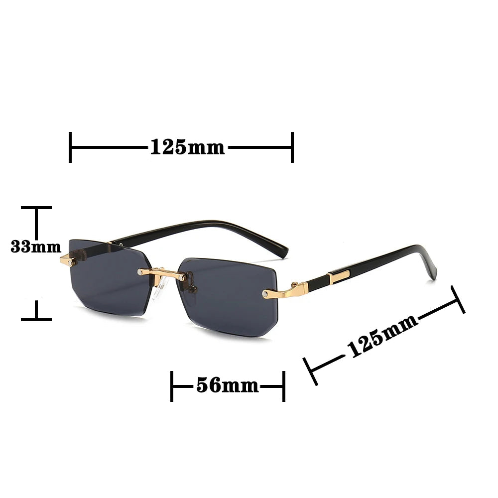 Óculos de sol sem aro para homens e mulheres, tons pequenos, óculos quadrados, viagem de verão, moda popular, feminino, masculino