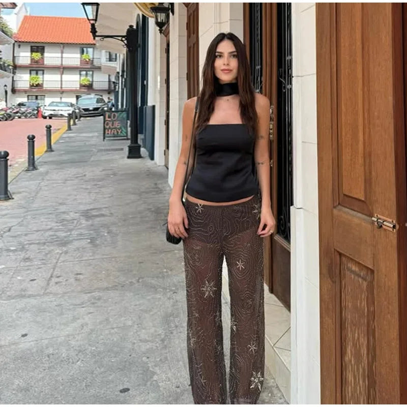 Ver através de frisado bordado calças femininas baggy sexy floco de neve lantejoulas perna larga 2025 primavera verão senhora y2k streetwear