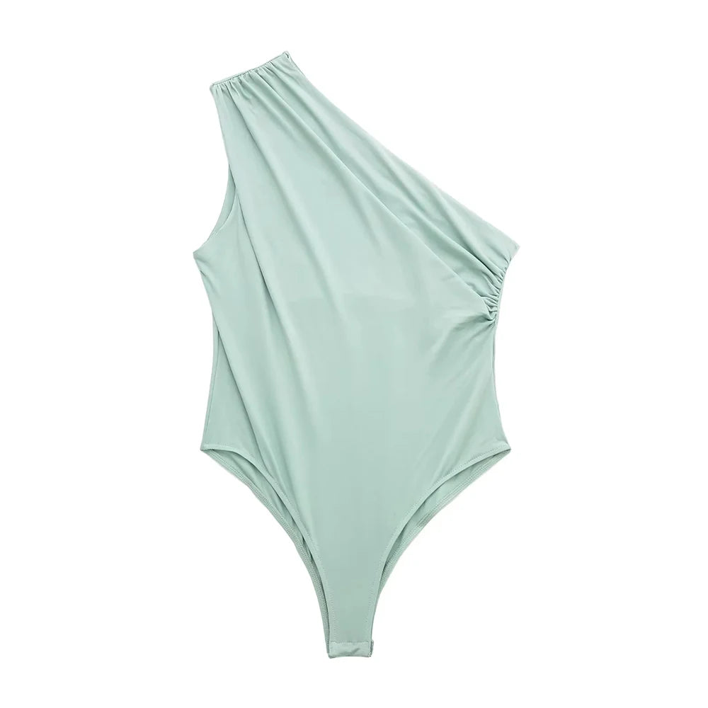 TRZA – Body assimétrico franzido feminino, um ombro, alças largas, botão de pressão, playsuits femininos, moda sexy