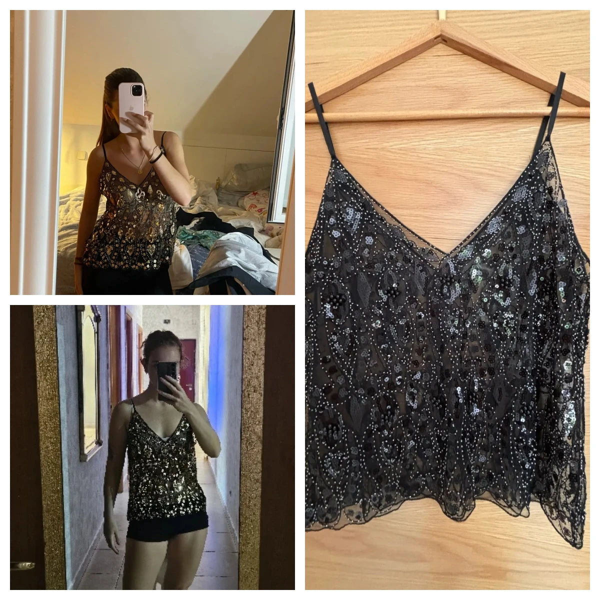 Feminino com decote em v sem mangas regata sexy magro topo verão pesado industrial lantejoulas cravejadas lantejoulas curto solto camisola topo
