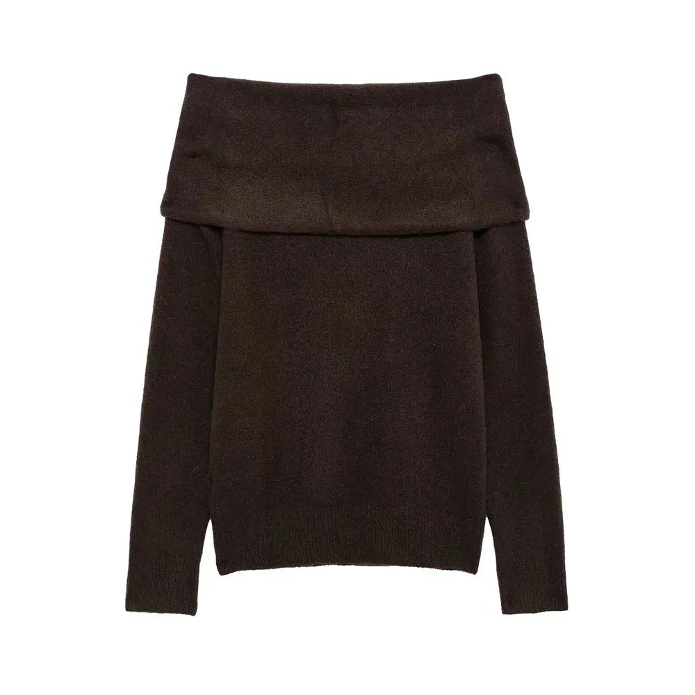 TRZA Suéter feminino de malha com ombros de fora, gola reta, manga comprida, pulôver fashion, apliques, tops chiques