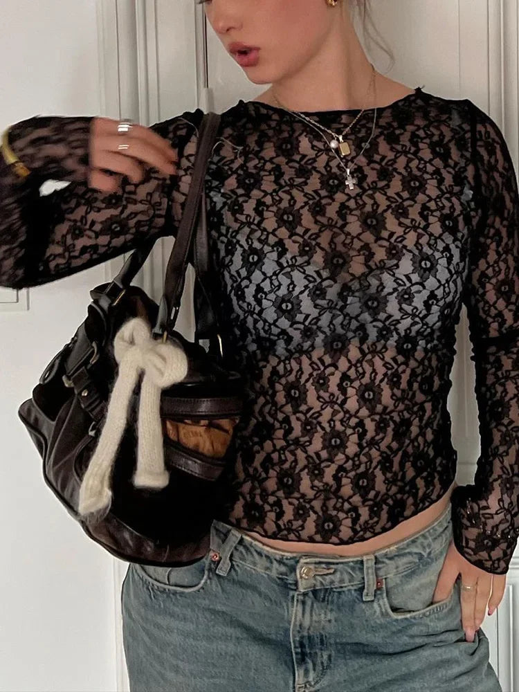 Mooyufon manga comprida transparente renda colheita top sólido sexy bodycon camiseta para mulheres festa clube outono inverno roupas