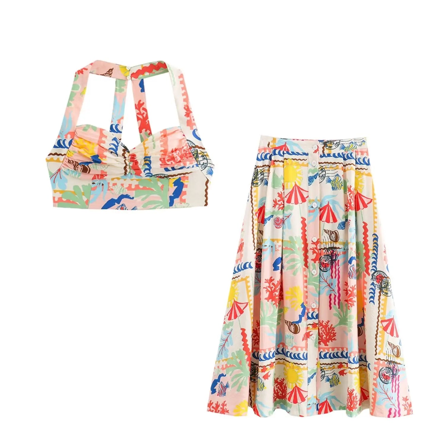 Trafza feminino 2 peças conjunto sexy sem mangas sem costas impressão botões mini estilingue topo + elegante botões de cintura alta praia midi saia