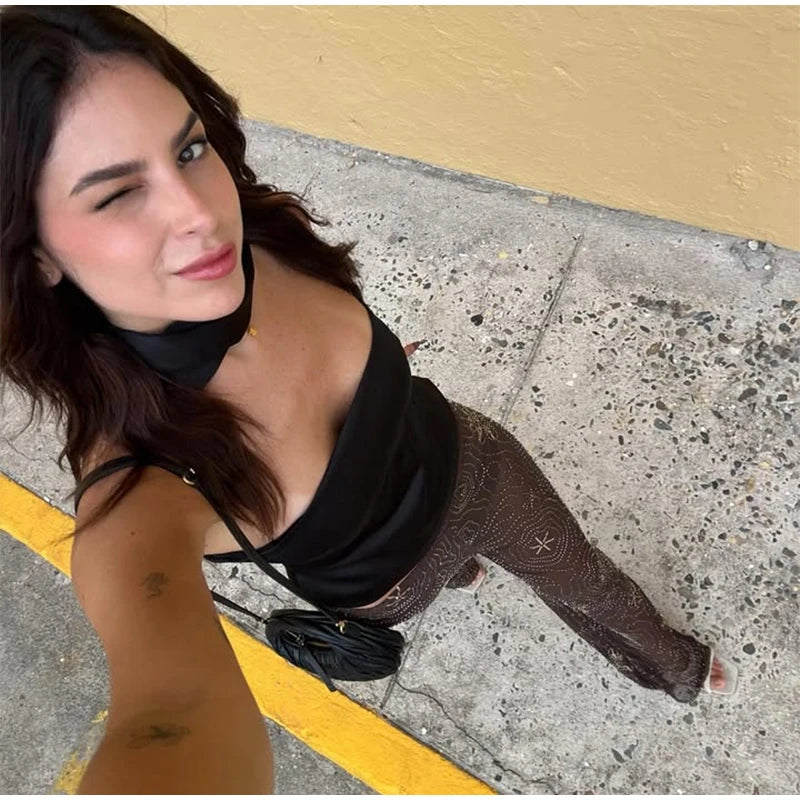 Ver através de frisado bordado calças femininas baggy sexy floco de neve lantejoulas perna larga 2025 primavera verão senhora y2k streetwear