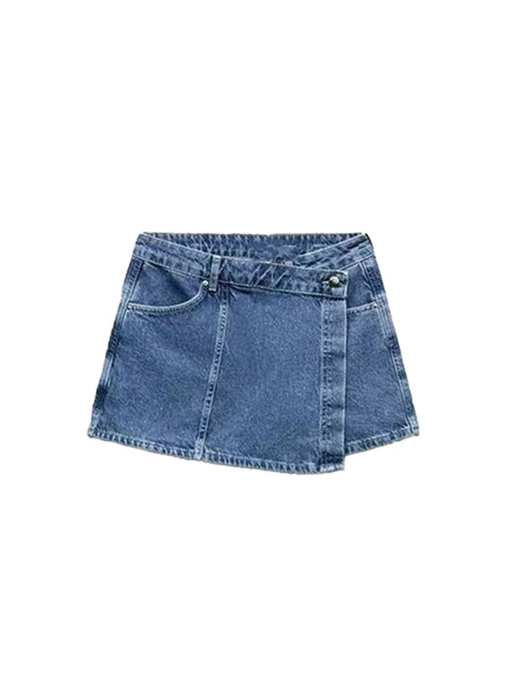 TRAF Fato de ganga solto com decoração de bolsos para mulher Camisa curta com lapela Casual Saia curta assimétrica Trabalho temporário Conjunto versátil de duas peças Street Casual Fashion Fato de senhora