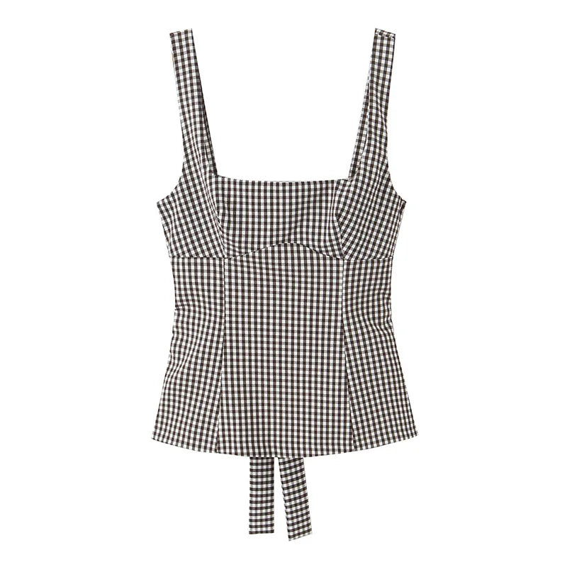 Willshela moda feminina com arco xadrez sem costas lado zíper colete alças vintage gola quadrada feminino chique senhora regata