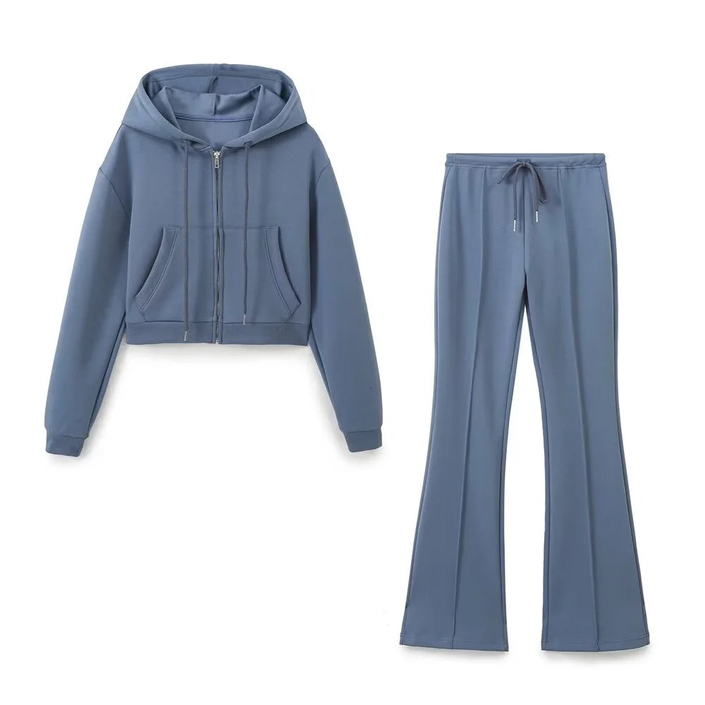 Taop & za outono nova moda feminina casual zíper decoração com capuz manga comprida moletom jaqueta trompete calças conjunto