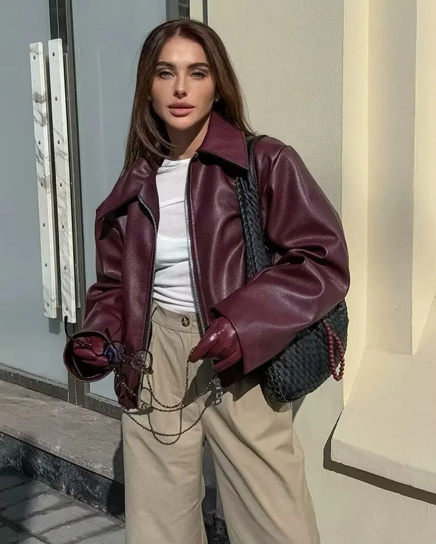 Trafza vinho vermelho couro falso jakcet moda outerwear engrossar zíper lapela casacos do plutônio outono inverno streetwear senhoras topos feminino
