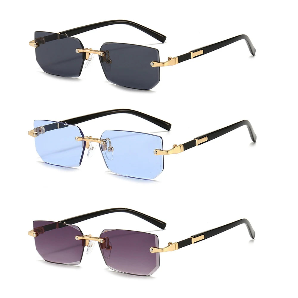 Óculos de sol sem aro para homens e mulheres, tons pequenos, óculos quadrados, viagem de verão, moda popular, feminino, masculino