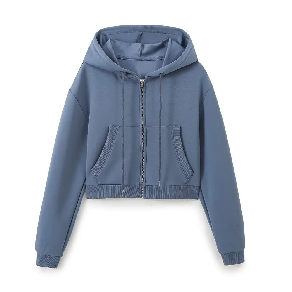 Taop & za outono nova moda feminina casual zíper decoração com capuz manga comprida moletom jaqueta trompete calças conjunto