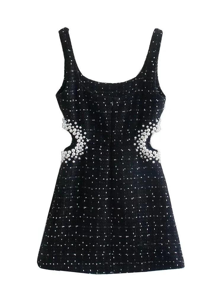 Willshela moda feminina com pérolas preto oco para fora zíper mini vestido alças vintage pescoço quadrado feminino chique senhora vestidos