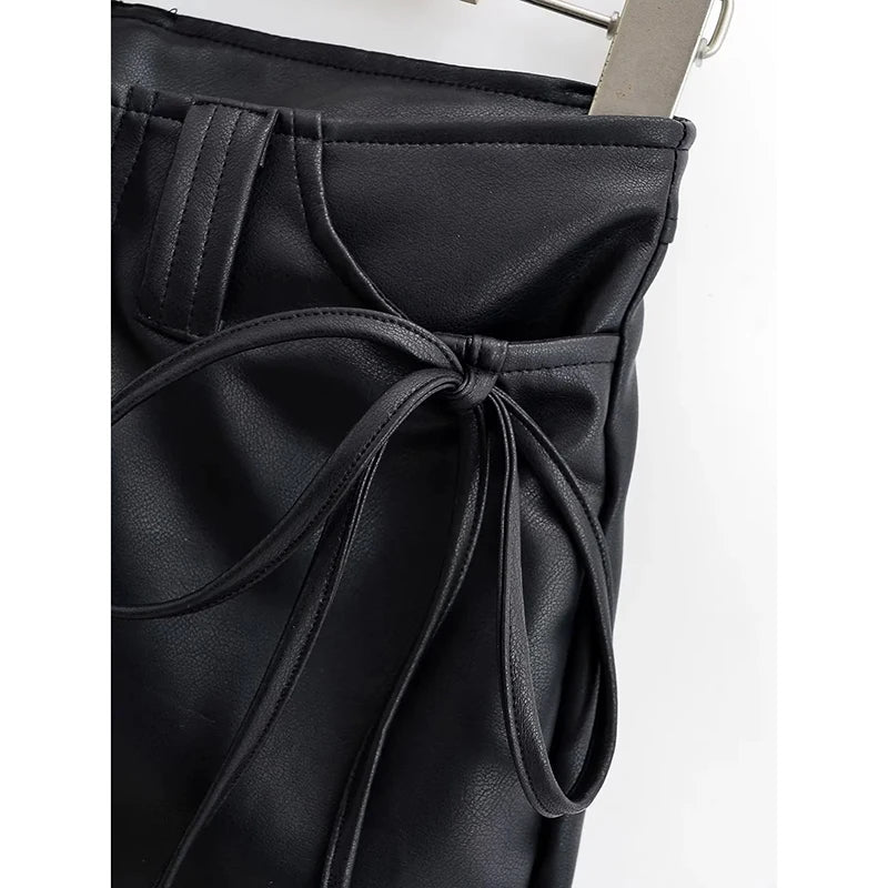 Qnqo saias para mulheres y2k moda rendas até couro do plutônio saia preta 2025 novo estilo coreano fino bolso hip envoltório mini saia feminina