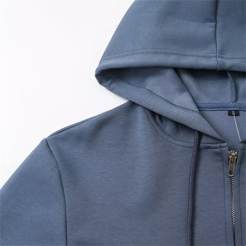 Taop & za outono nova moda feminina casual zíper decoração com capuz manga comprida moletom jaqueta trompete calças conjunto