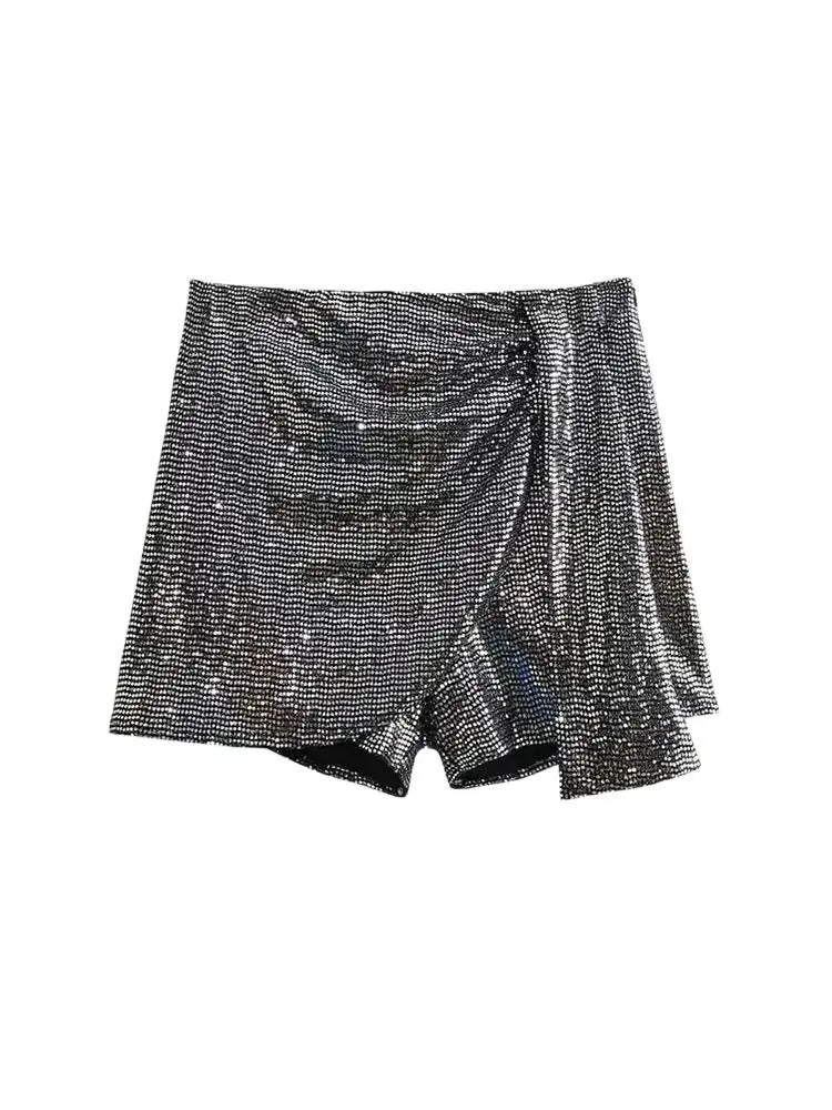 TRZA – Saias femininas com lantejoulas e nó, cintura alta, zíper lateral, saia curta feminina, moda