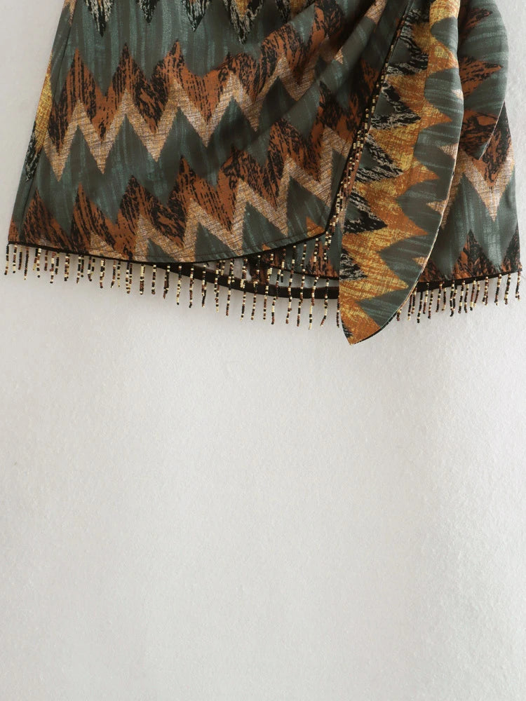 Keyanketian novo vintage impressão geométrica mini saia atada sarong frisado franja envoltório vestidos casuais zip curto skort mujer