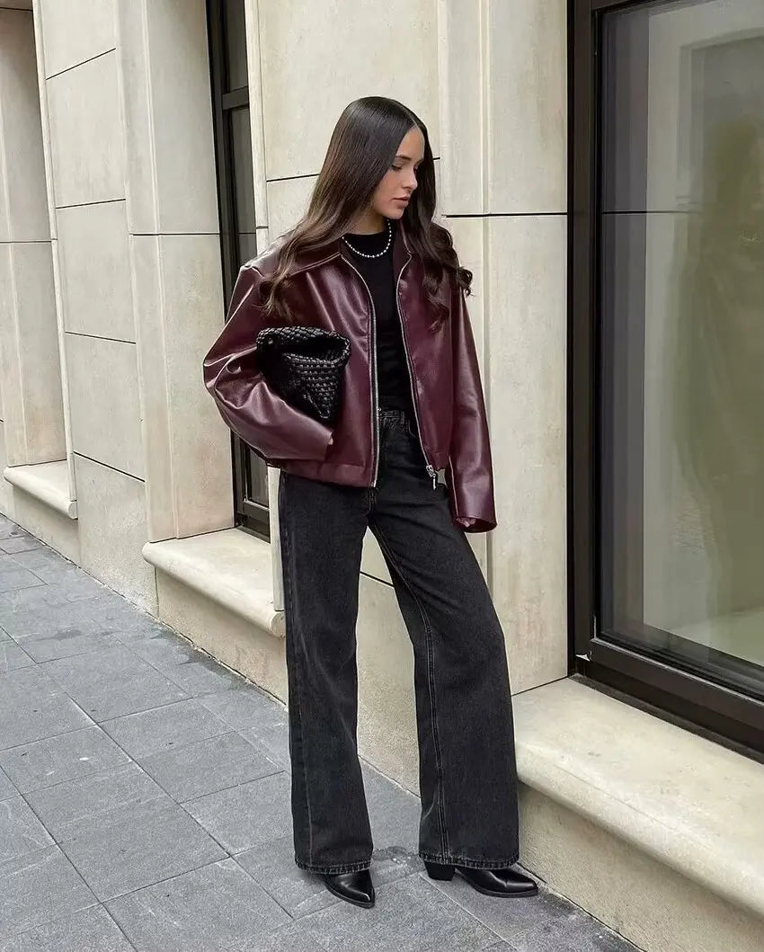 Trafza vinho vermelho couro falso jakcet moda outerwear engrossar zíper lapela casacos do plutônio outono inverno streetwear senhoras topos feminino