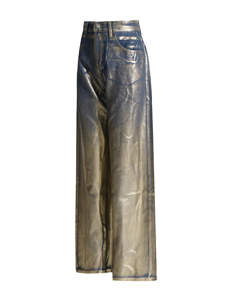 Twotwinstyle casual calças soltas para as mulheres cintura alta emendado botão streetwear perna reta moda nova